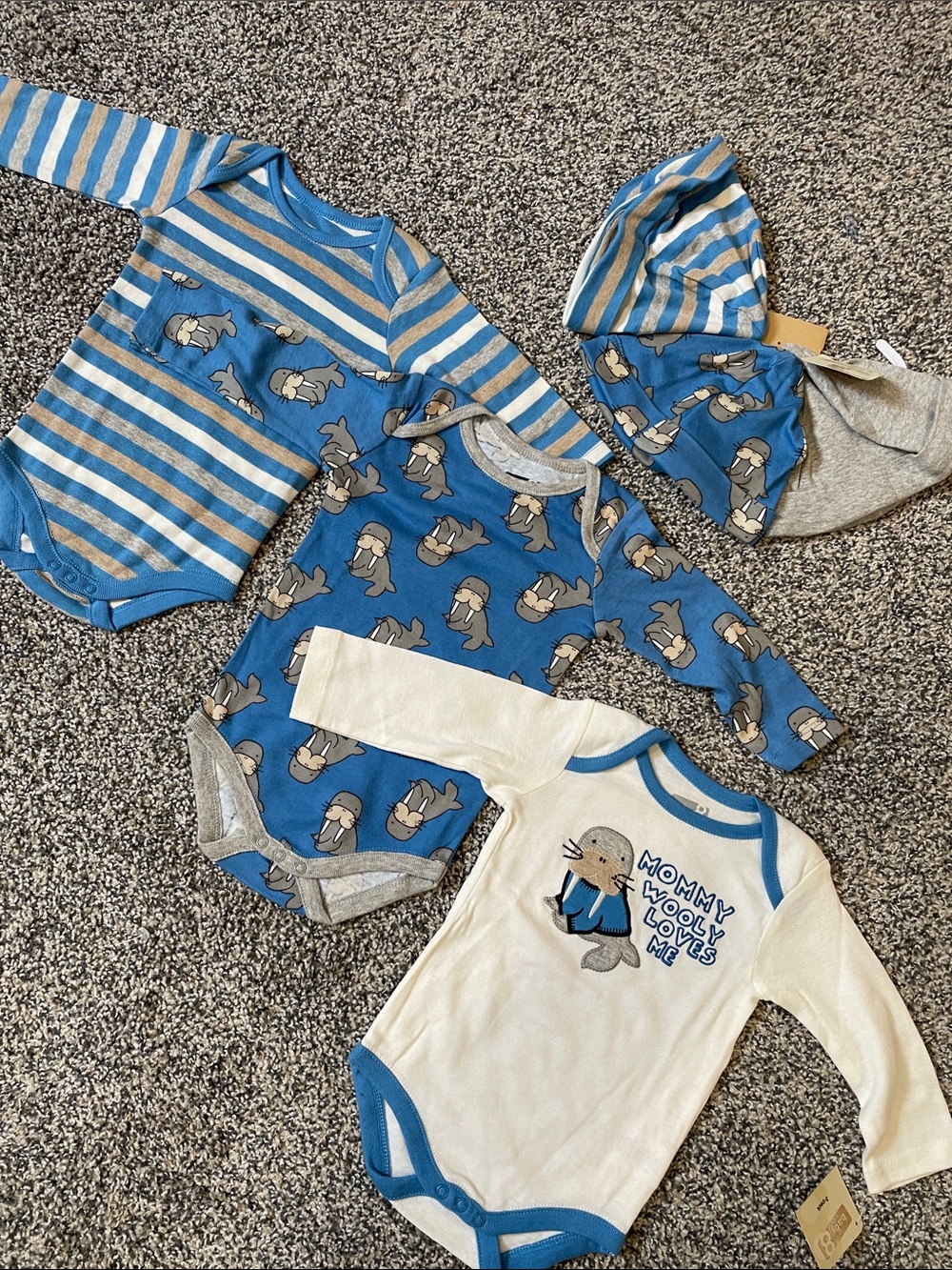 Crazy 8 Blue & Gray Walrus Print Bodysuit Set of 3 w/ Matching Hats 3-6m NWT